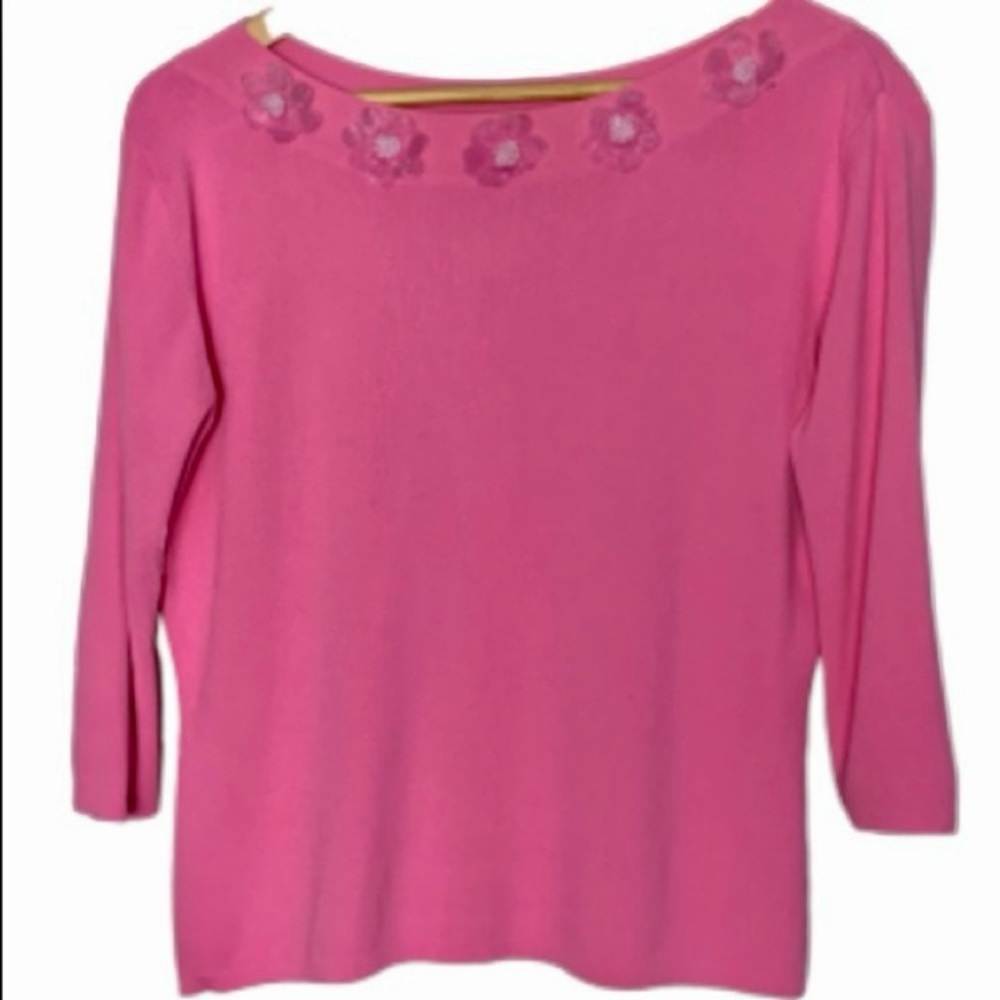 Joseph A Pink Lightweight Sweater Chiffon Flowers Barbiecore EUC XL
